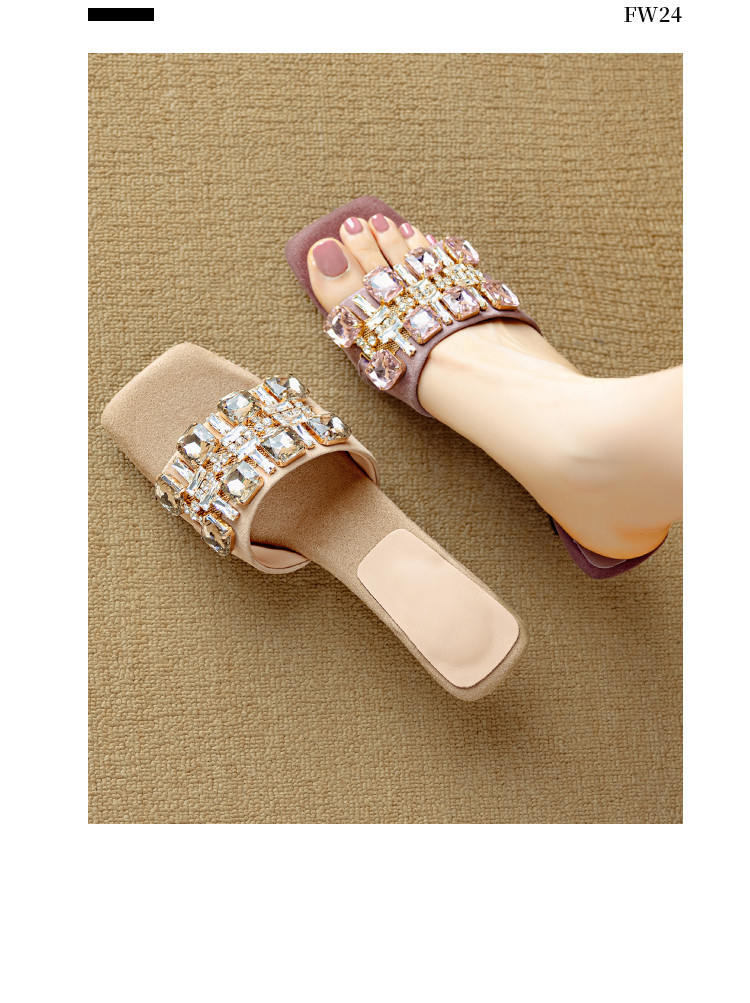 Dép sandal nữ mũi vuông đính đá lấp lánh kiểu Pháp, gót đặc biệt, thời trang đa năng — Tím, mơ chi tiết 12