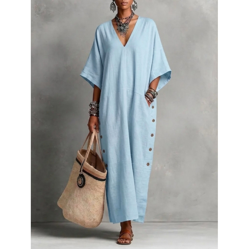 2026 European and American Cross-Border Cotton and Linen Loose V-Neck Side-Buttoned Holiday-Style Casual Long Dress for Women 2026 European and American Cross-Border Cotton and Linen Loose V-Neck Side-Buttoned Holiday-Style Casual Long Dress for Women
