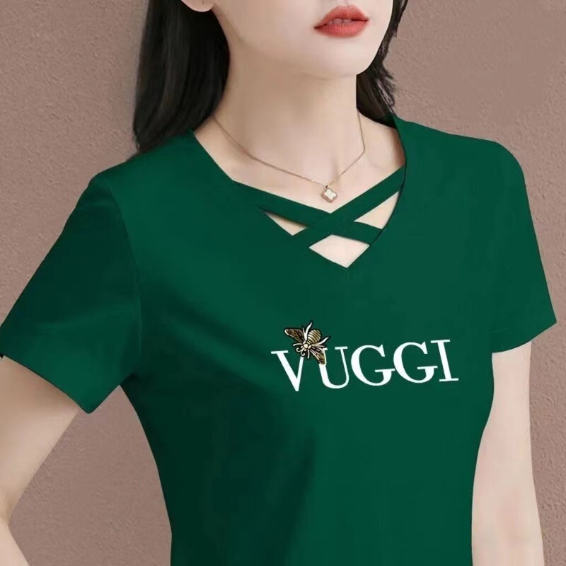 Summer Short-sleeved 2024 Middle-aged Loose Belly Covering Sports New V-neck Cross Women's T-shirt Cotton Top Trendy