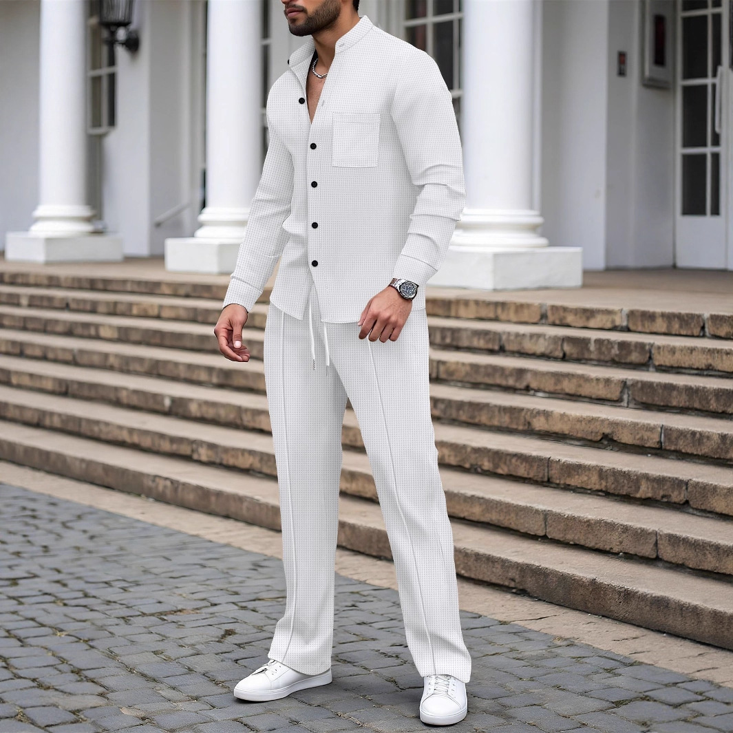 K Men's New Waffle Solid Color Stand Up Collar Cardigan Shirt Long Sleeved Pants Casual Suit_viptrois.com