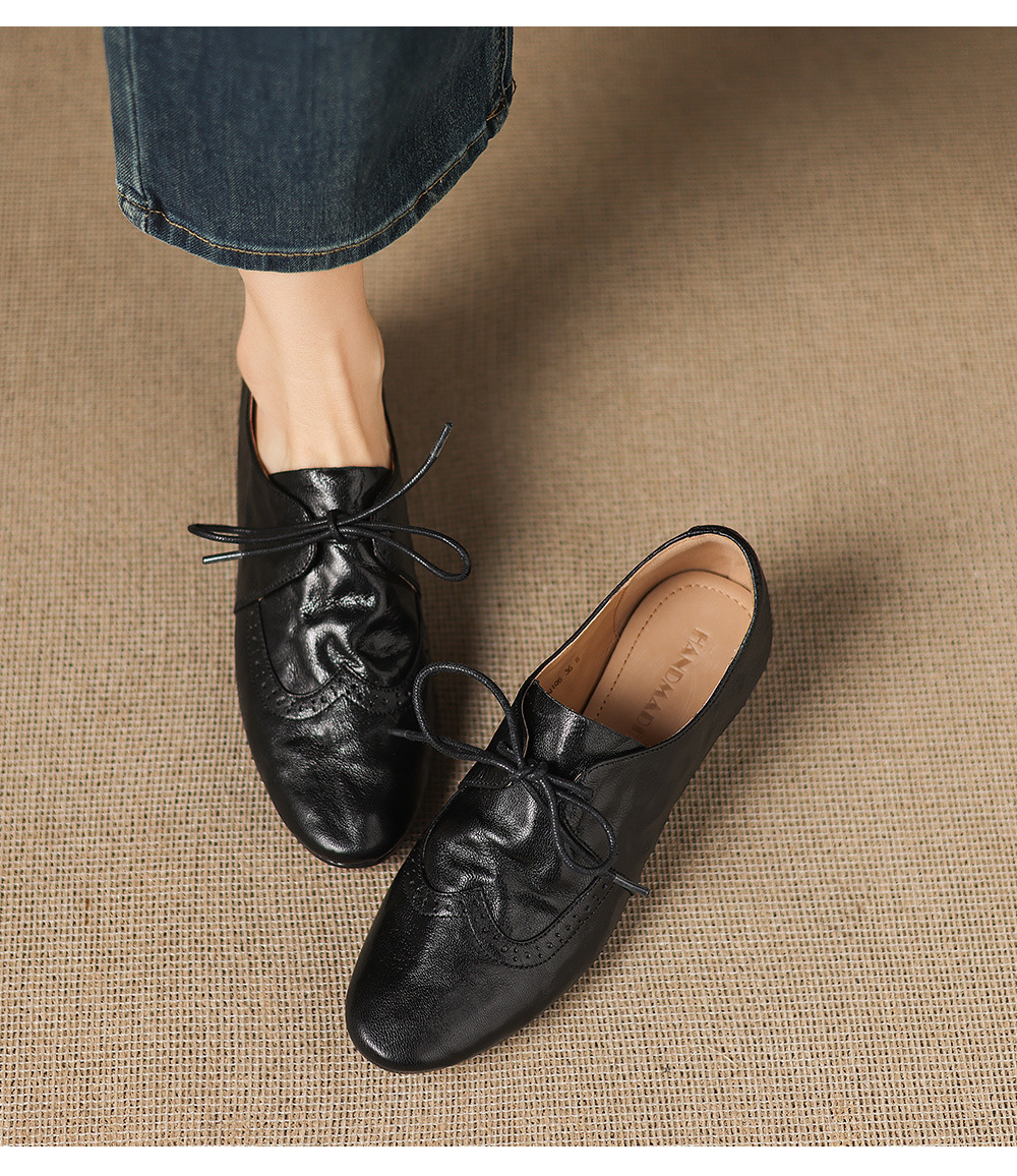 Giày loafer nữ da cừu buộc dây phong cách vintage, gót thấp vuông — màu nâu chi tiết 8