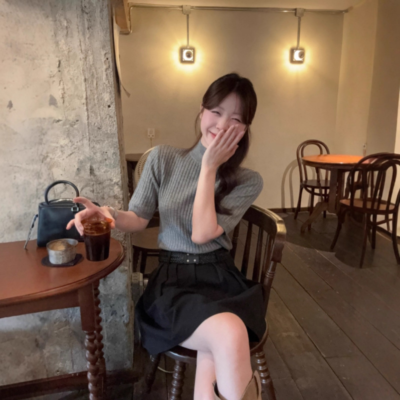 半高领坑条五分袖针织衫女2025秋季新款韩系修身显瘦中袖上衣chic|undefined