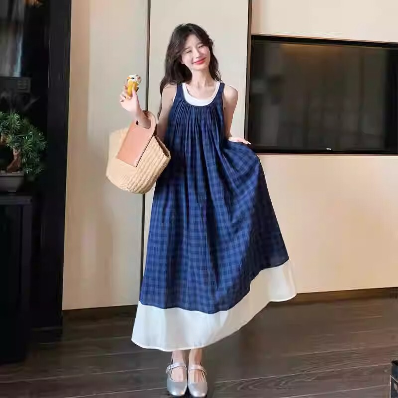 Blue Plaid Double Flap Pocket Pants Dress for Women French Literary Style Retro Holiday Camisole Sleeveless Long Skirt Blue Plaid Double Flap Pocket Pants Dress for Women French Literary Style Retro Holiday Camisole Sleeveless Long Skirt