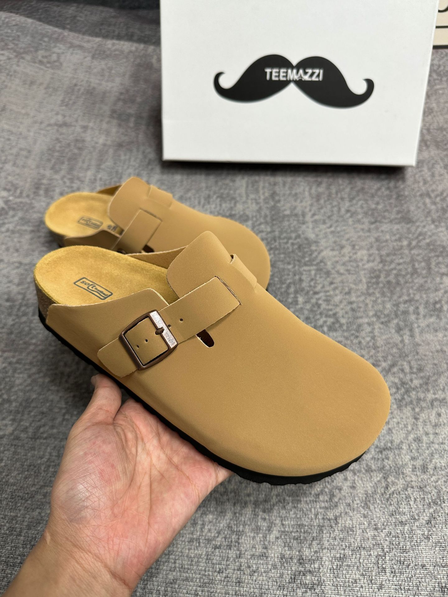 TEEMAZZI ganado de vello con zapatillas de cuero perezosas, zapatillas de moda versátiles con base de corcho Bocken image 18