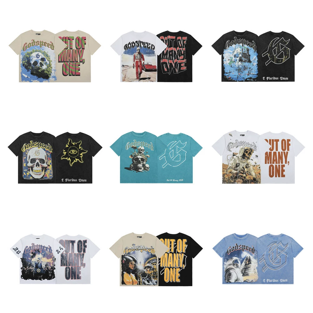 Трансграничный прилив бренд внешней торговли God & speed Череп буквенные узоры для мытья воды футболки с короткими рукавами для мужчин и женщин с высокой улицы хип-хоп с половиной рукава
