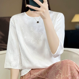 暗提花国风短袖百搭夏女装上衣短款圆领女2025大码新中式冰丝T恤