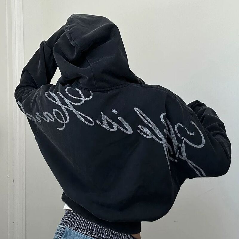 Black short distressed hooded sweatshirt American retro new back print hot girl top jacket for women Black short distressed hooded sweatshirt American retro new back print hot girl top jacket for women
