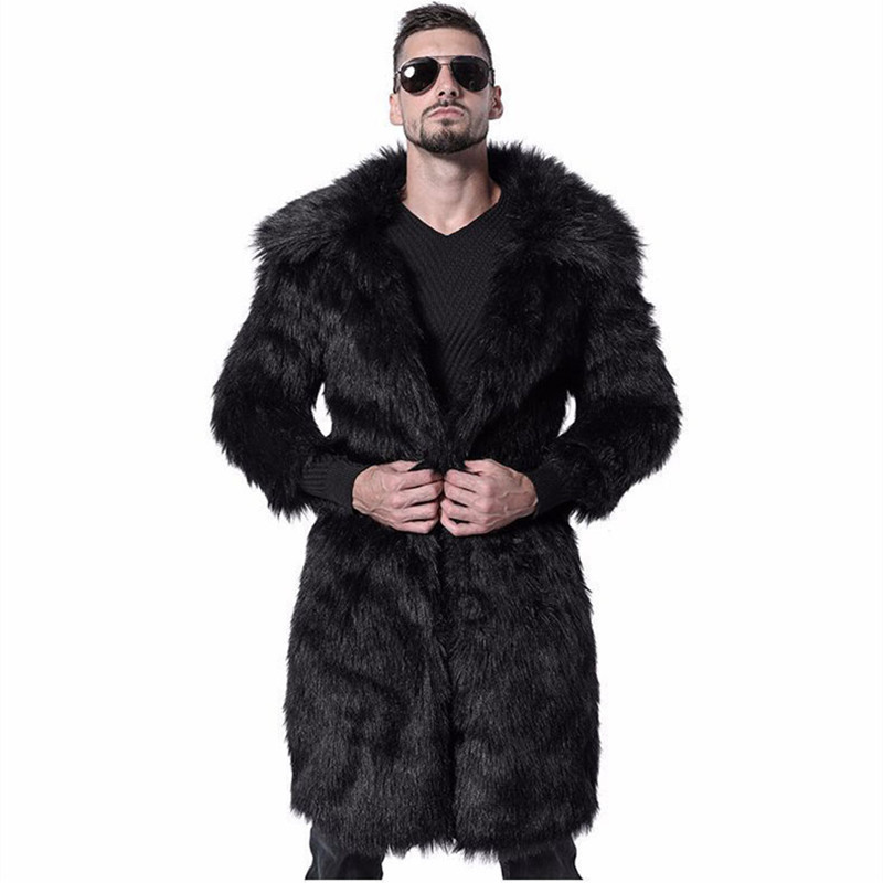 European and American Men's Faux Fur Coat, Extra-Long Suit Collar Jacket, Winter Thickened Warm Large Size Fur Trench Coat in Stock