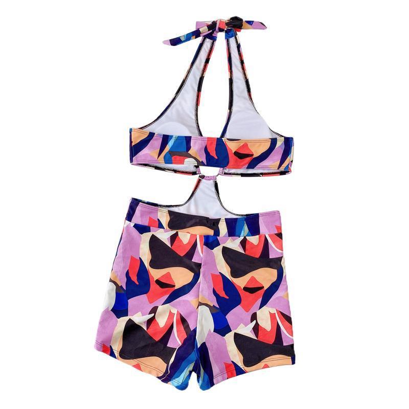 New Halter Neck Sexy Bikini Solid Color Printed Metal Ring Hollow Swimsuitpicture7
