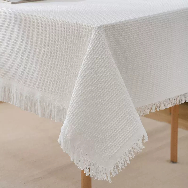 奶油风流苏棉纱桌布拍照氛围防尘餐桌布长方形装饰茶几盖巾防滑