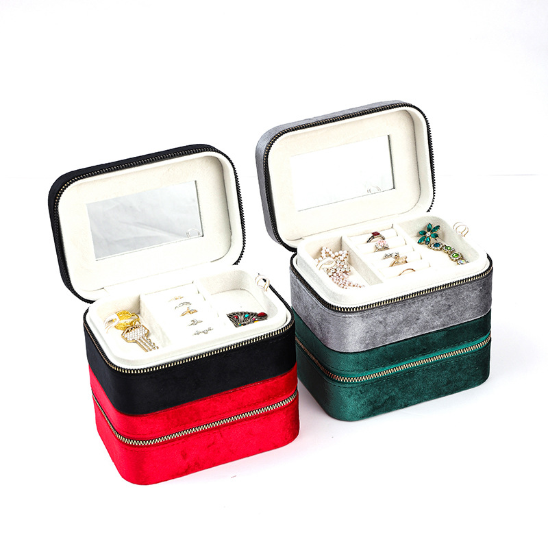 Caja de almacenamiento multifuncional con espejo portátil coreano anillo pendientes joyería bolsa de cremallera joyería caja de joyería de alta calidad