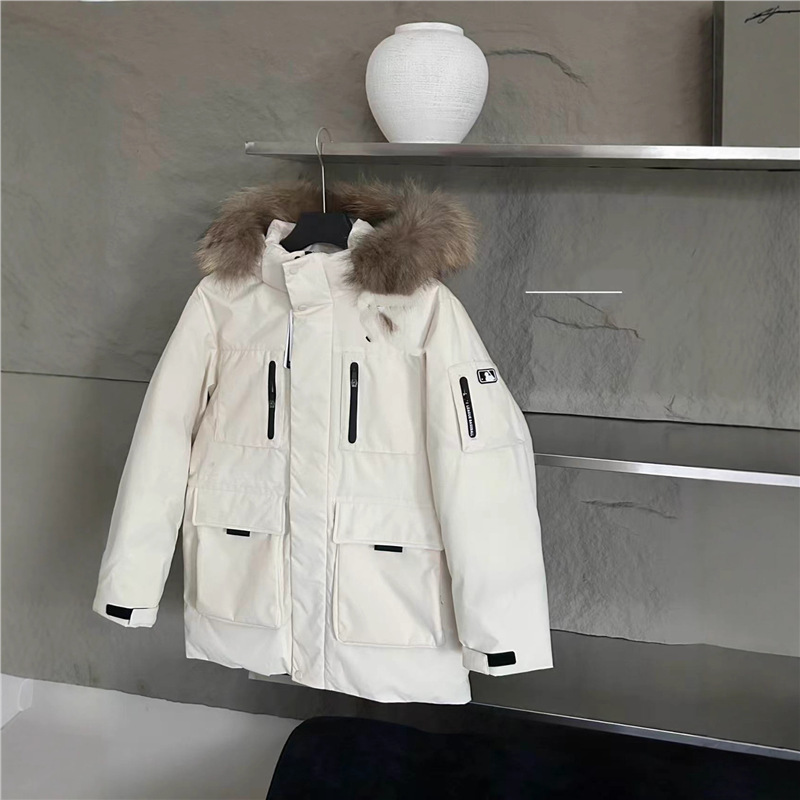 Zhang Linghe's same style ML* down jacket with large fur collar, Yankees team design, large pockets, workwear style, couple's fur collar coat