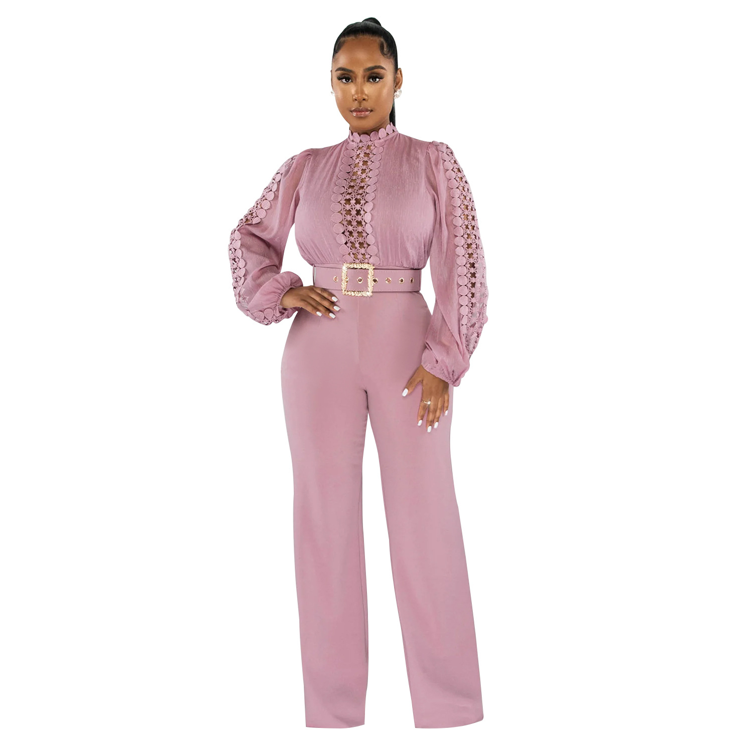 X6345 AliExpress Amazon moda europea y americana de encaje hueco color sólido manga larga pantalones jumpsuit