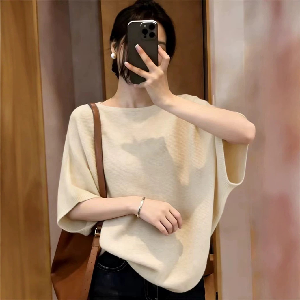 Áo thun nữ tay ngắn cổ tròn chất liệu sợi mát lạnh phong cách Hàn Quốc — màu trắng ngà chi tiết 2