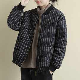 大码棉衣文艺长袖短款棉服冬季外套女潮ins秋冬上衣条纹休闲宽松