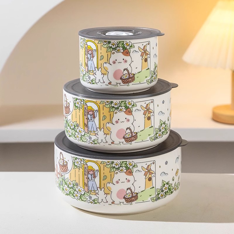 Ceramic food storage bowl with lid, sealed, suitable for office workers, microwave-safe, heatable lunch box, fruit bowl, picnic lunch box