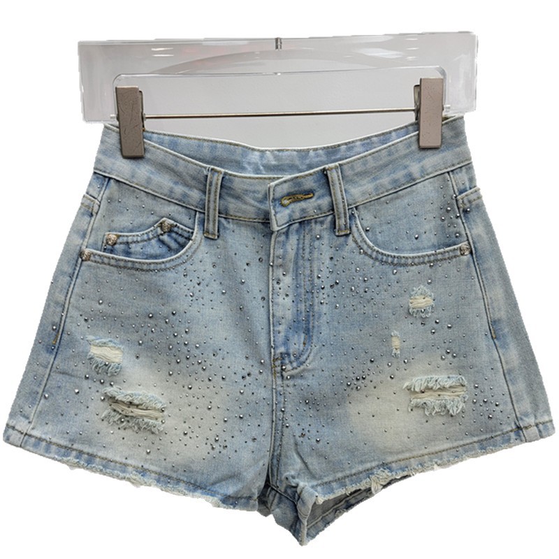 Shorts Vaqueros con Pedrería de Poliéster y Mezclilla Con Pedrería, De Cintura Baja