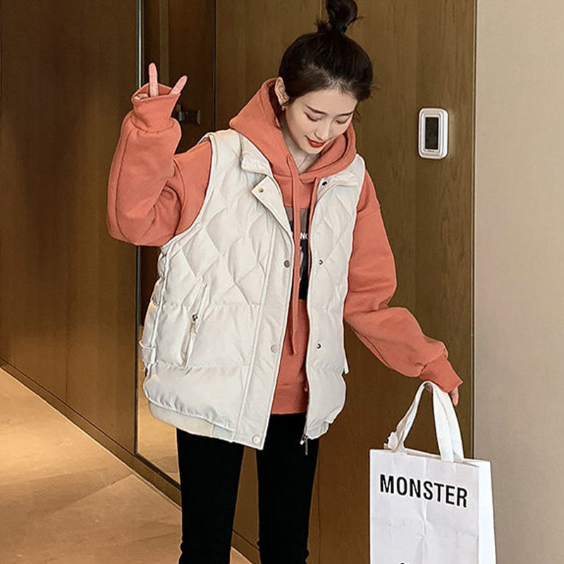 Estilo coreano de las mujeres jóvenes abajo Chaleco de algodón chaleco 2023 Otoño e Invierno suelta collar rombo diseño chaleco casual moda image 2