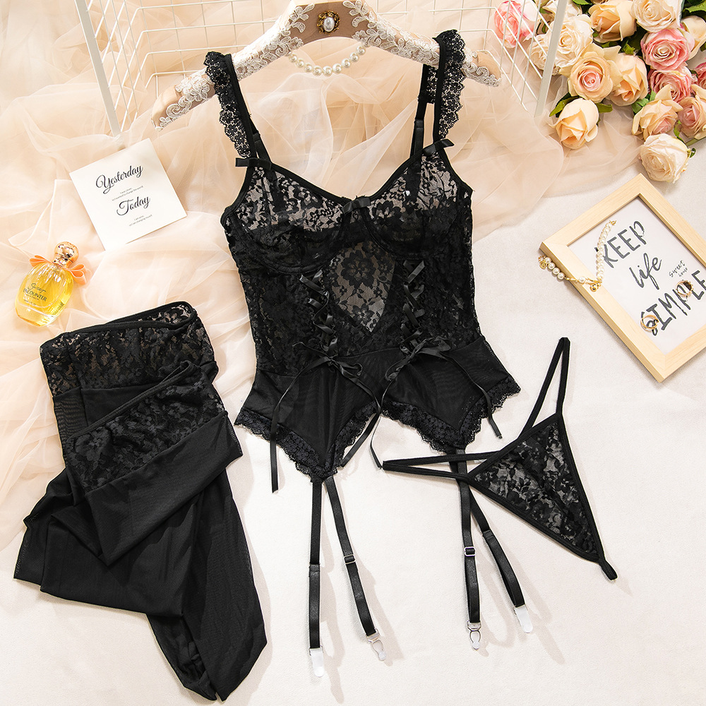 Conjunto de lencería sexy europea y americana para mujer, estilo camisón, encaje, malla, patchwork, push-up, ajustado y bonito, con medias._voghion.com