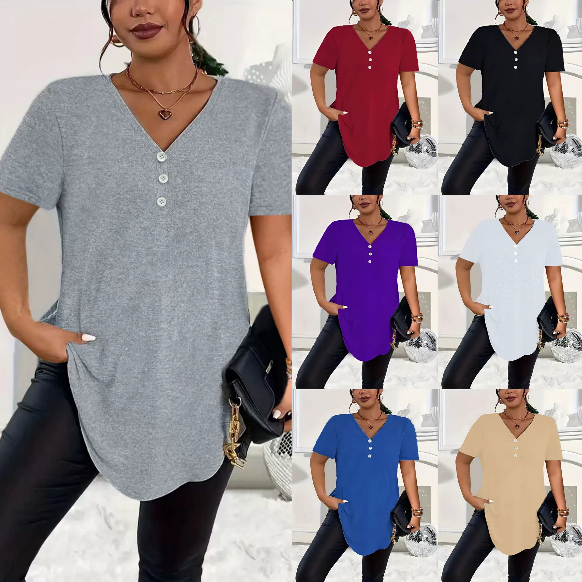2025 Amazon Европа и США трансграничные дамы лето новый повседневный сплошной цвет пуговицы V-образный вырез плюс размер с короткими рукавами топ