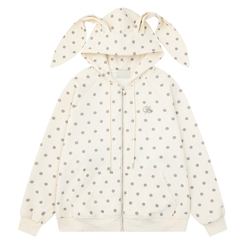 Men's Clothing with a Cute and Adorable Style, Rabbit Ears, Polka Dot Hooded Sweatshirt, Women's Sweet and Cool Style, Fun Loose-Fitting Zip-Up Cardigan