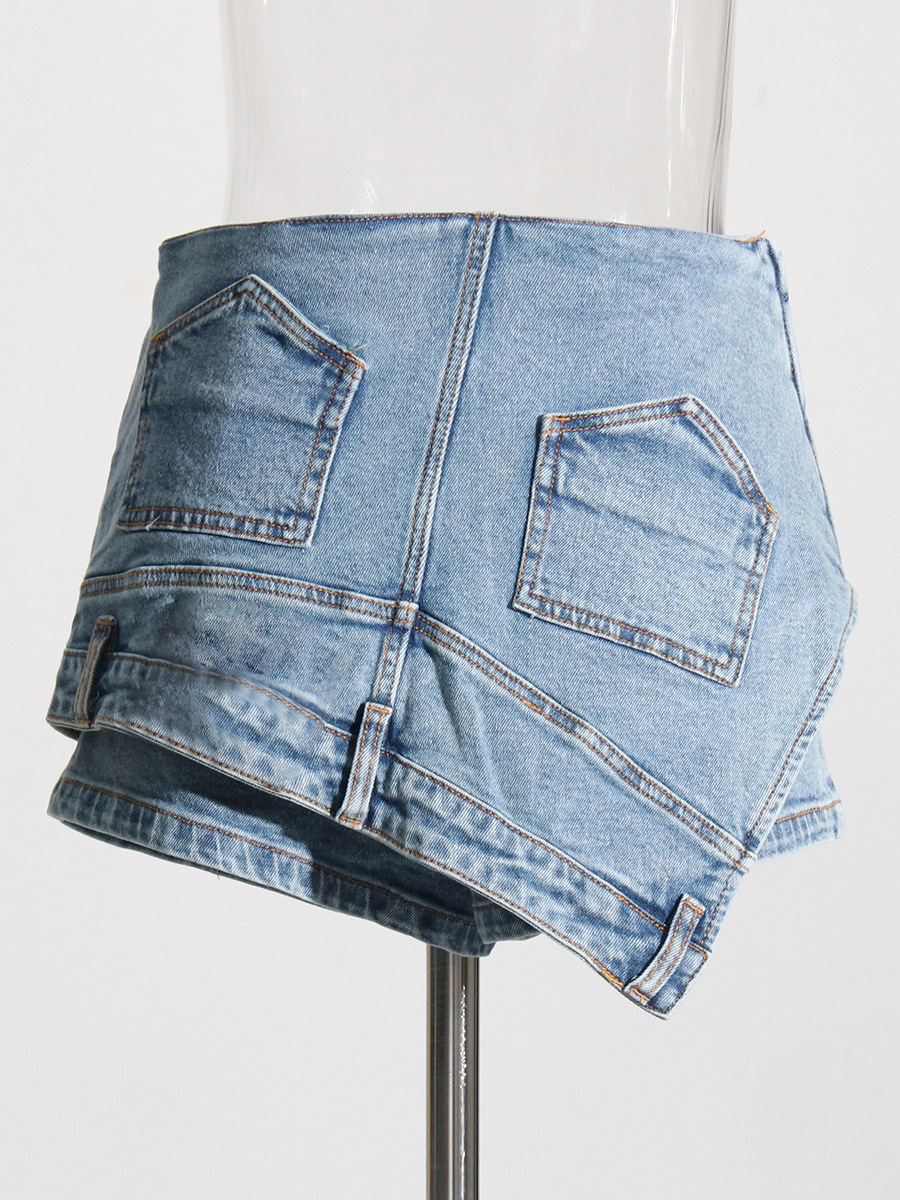 Short en jean taille haute délavé pour femme, extensible, patchwork, ourlet brut, style streetwear_voghion.com