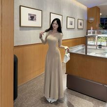 UNMUNV领显瘦茶歇长袖连衣裙秋冬百搭修身长裙长裙喇叭袖大摆A字