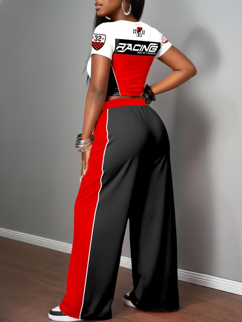 Y2K Women's Two Piece Set Style Digital Print Short T-Shirt Wide Leg Trousers Spring Summer Sexy_ecoleips.com