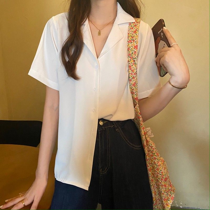 Summer Loose Short-sleeved Black Shirt Women's Outwearing Retro French Shirt All-match Japanese Student Top Women's Western Style Summer Loose Short-sleeved Black Shirt Women's Outwearing Retro French Shirt All-match Japanese Student Top Women's Western Style