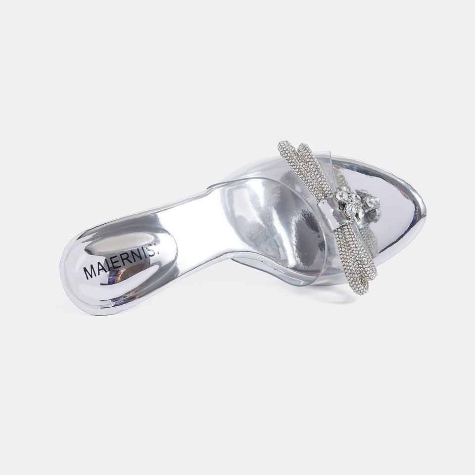Dép sandal nữ quai ngang gót nhọn trong suốt hở mũi phong cách Hàn Quốc, gót 6–8 cm — Màu bạc