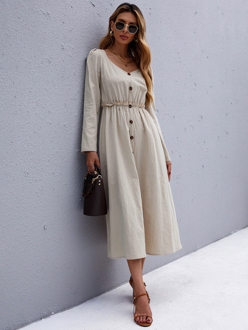 Round Neck Pullover Casual Solid Color Long-sleeved Waist Dress Wholesale Nihaojewelry display picture 4