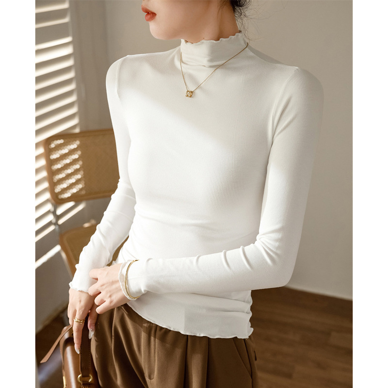 Ruffled Edge Half-High Collar Base Shirt for Women, Long-Sleeve T-Shirt, 2026 Autumn and Winter New Style, Slim Fit Top Ruffled Edge Half-High Collar Base Shirt for Women, Long-Sleeve T-Shirt, 2026 Autumn and Winter New Style, Slim Fit Top