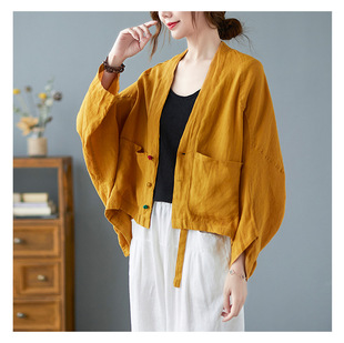 Autumn New Age-reducing retro handmade cotton and linen cardigan women's outer wear loose batwing sleeve short coat