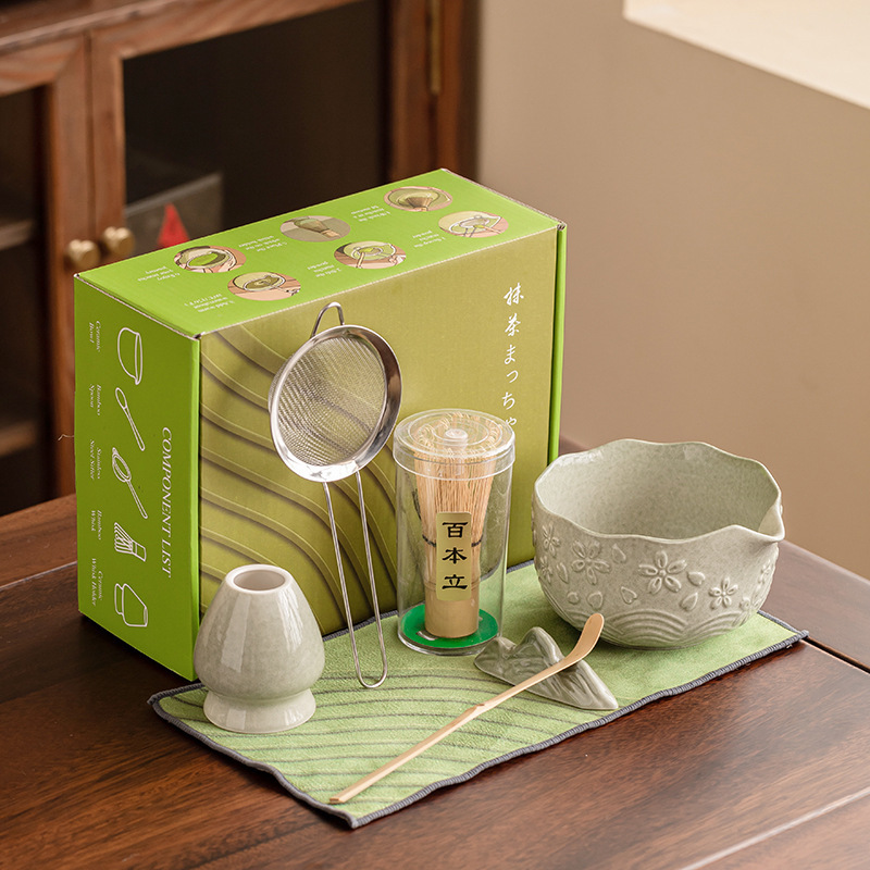 Embossed Sakura Matcha Tea Set Japanese Pink Matcha Egg Beater Set Stand Bamboo Spoon Sieve 7-Piece Set