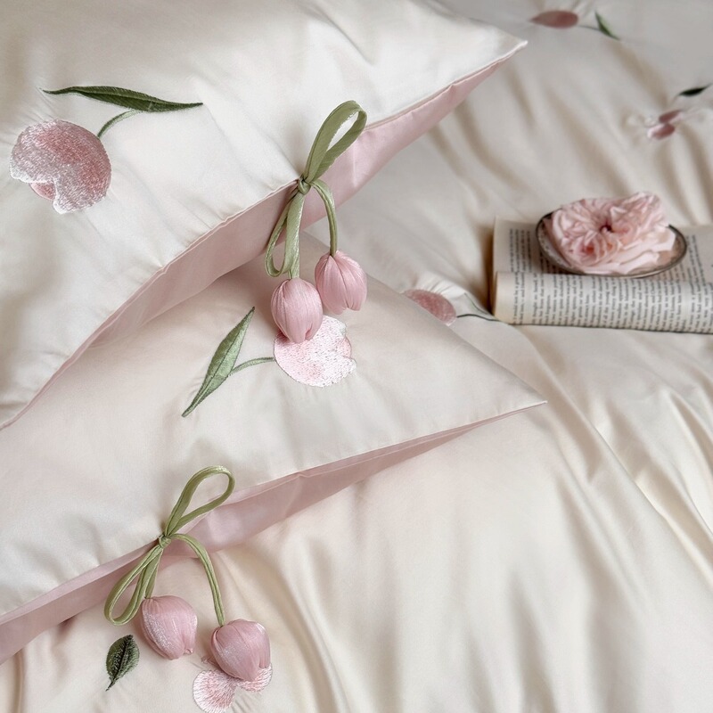 100% Cotton 100S Long-Staple Cotton Pastoral Embroidered Four-Piece Set with Tulip Embroidery, High-End Skin-Friendly Bedding