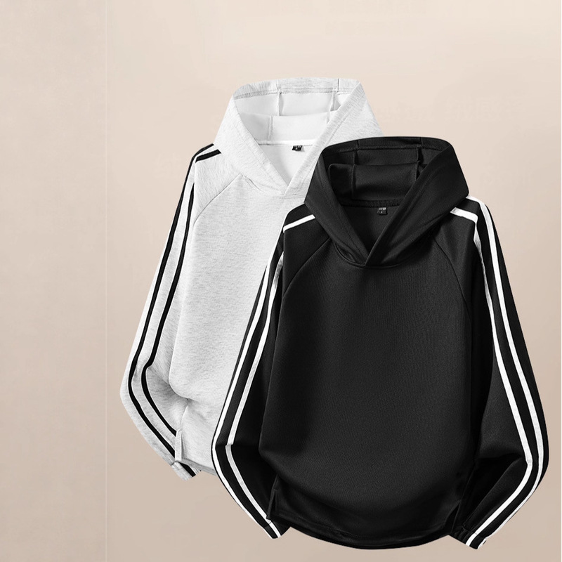 Three-Stripe Hooded Sweatshirt for Men, Spring and Autumn Trendy Brand, Cool and Stylish Striped Pullover, American-Style Heavyweight Stiff Hoodie, Custom-Made