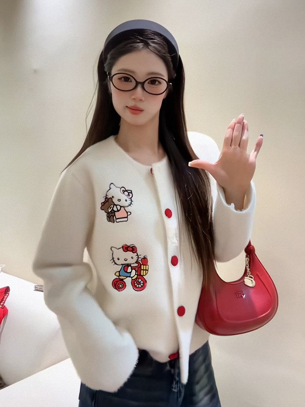 韩系甜美穿搭卡通Kitty猫针织开衫女2025秋新款慵懒软糯针织上衣|undefined