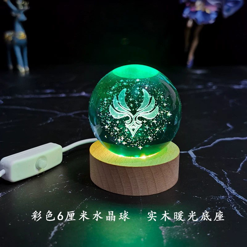 Ночная лампа кристальный шар (Genshin Impact), 3D-гравировка семи стихий, LED или деревянная подставка