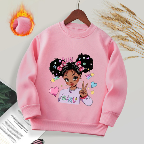 SHEIN Girls' Autumn/Winter Long Sleeve Fleece Hoodie for Kids - Stylish Little Girls Printed Casual Thick Crew Neck Children's Clothing