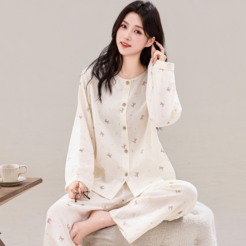 Spring and Autumn New Style Pure Cotton Pajamas for Women, Long-Sleeved and Long-Pants, Full Cotton Double-Layer Gauze Cardigan Set with Chinese Style Print