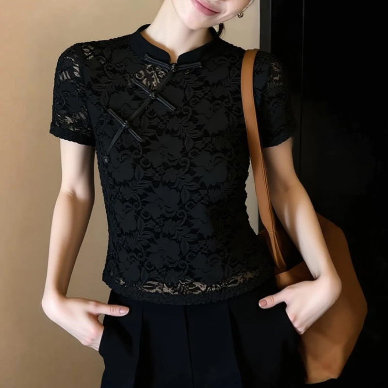 New Chinese-Style Lace Top for Women, Summer 2026 New Short-Sleeve Black Buttoned Slim-Fit Plus-Size Elegant Top