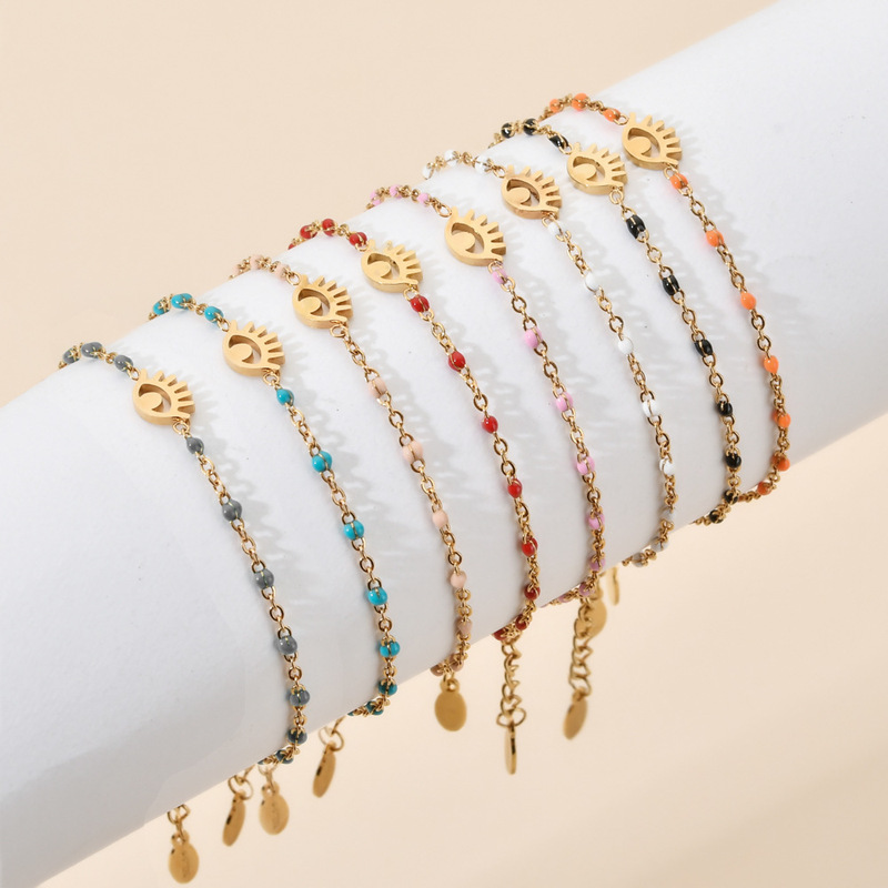 Stainless Steel Oil Dropping Creative Hollow Eye Bracelet European and American Cross-border Explosions Fashion Color Rice Bead Bracelet Not Fading