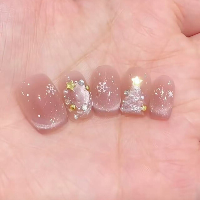 Pure Handmade Short Blush Ice Pink Cat's Eye French Snowflake Diamond Gold-plated Wear Armor Christmas Nail Paste