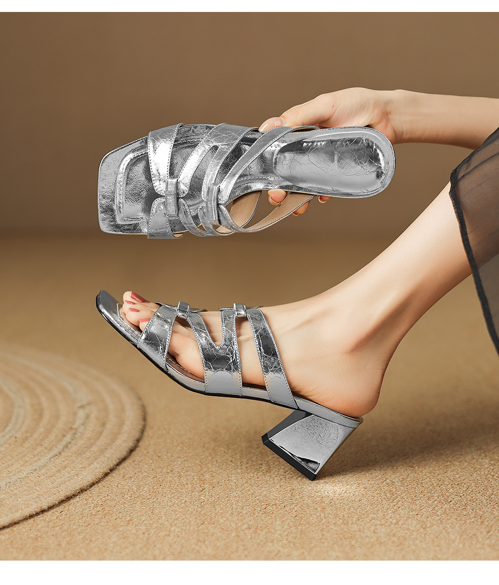 Sandal cao gót nữ hở mũi da dê màu vàng gót thô — màu vàng chi tiết 7