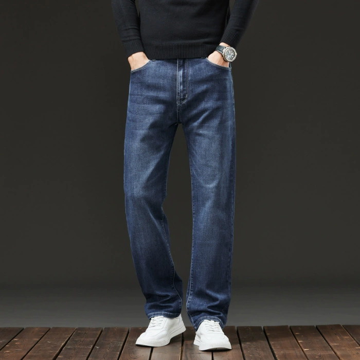 Elite demi-season loose straight jeans, blue casual trousers for leisure, loose fit, autumn