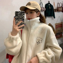 秋冬仿羊羔绒立领外套宽松女小熊刺绣棒球服跨境女装外贸批发eBay