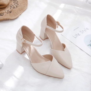 Summer one word with hollow sandals women's 2025 new fairy style pointed fashion high heels thick heel shoes wholesale