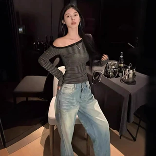 ins性感纯欲辣妹一字肩长袖T恤女复古条纹露肩长袖打底衫上衣女潮