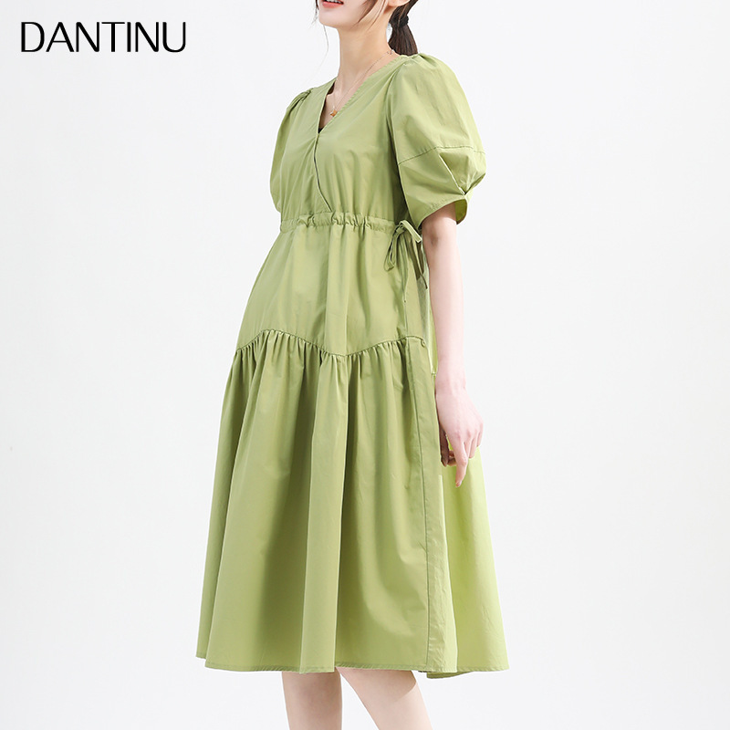Pregnant Women Summer dress 2025 New V-neck Summer Wear Slimming plus size French Puff Sleeve Small Women Summer