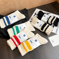 Striped Double Bar Thick Knit Socks for Men, Long Socks, Ins Trendy, Autumn/Winter Cotton Socks, Thick and Warm Crew Socks
